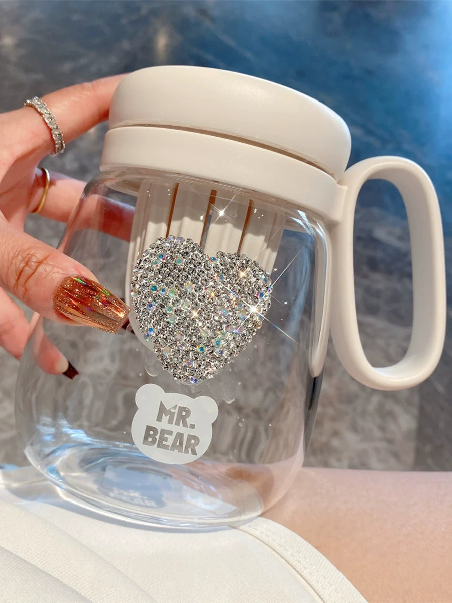 Diamond-Encrusted Big Belly Glass Cup – Large Capacity Tea & Water Tumbler with Tea Infuser
