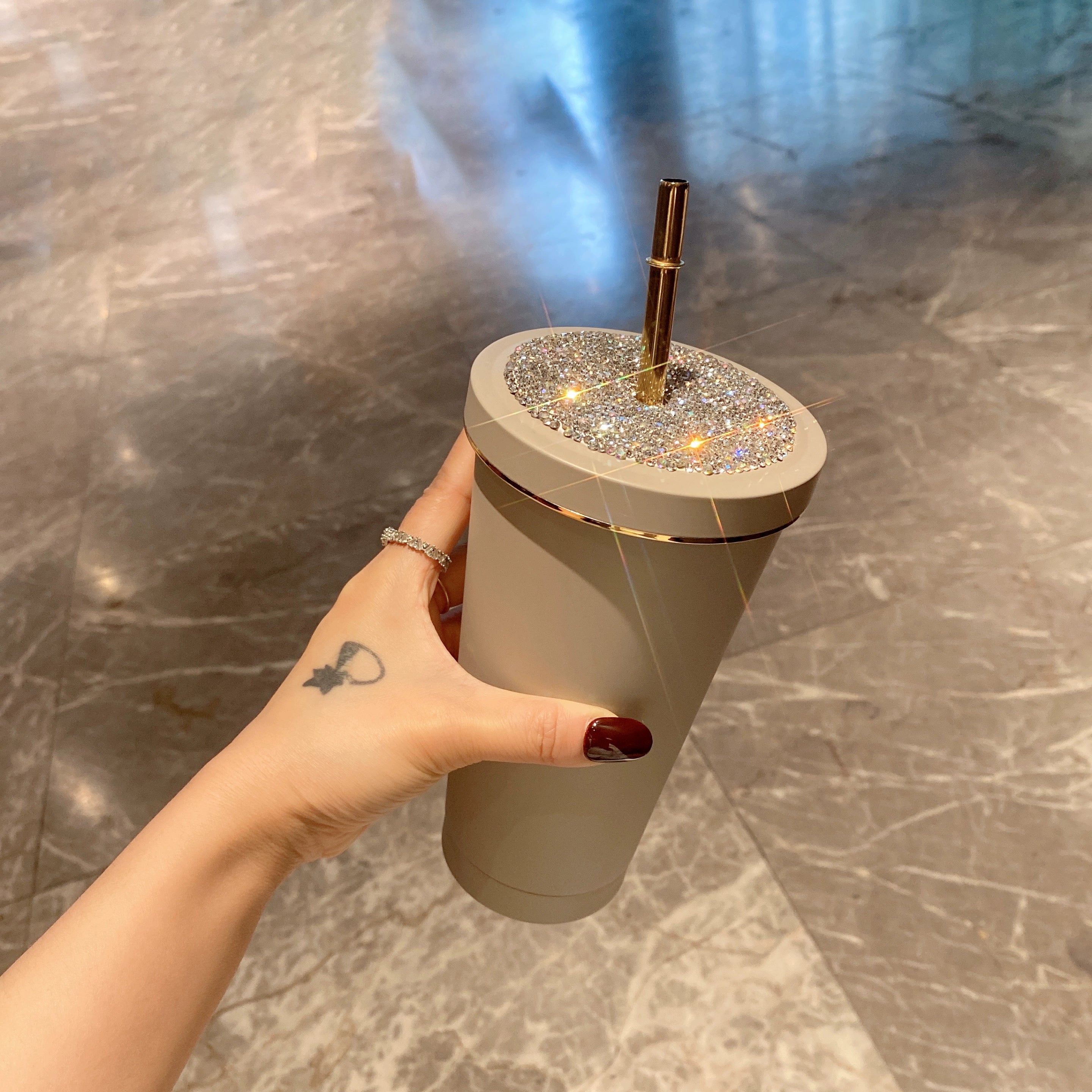 Diamond-Encrusted Korean Style Straw Cup – Colorful Stainless Steel Water Cup, Light Luxury, Portable Car & Travel Drinkware