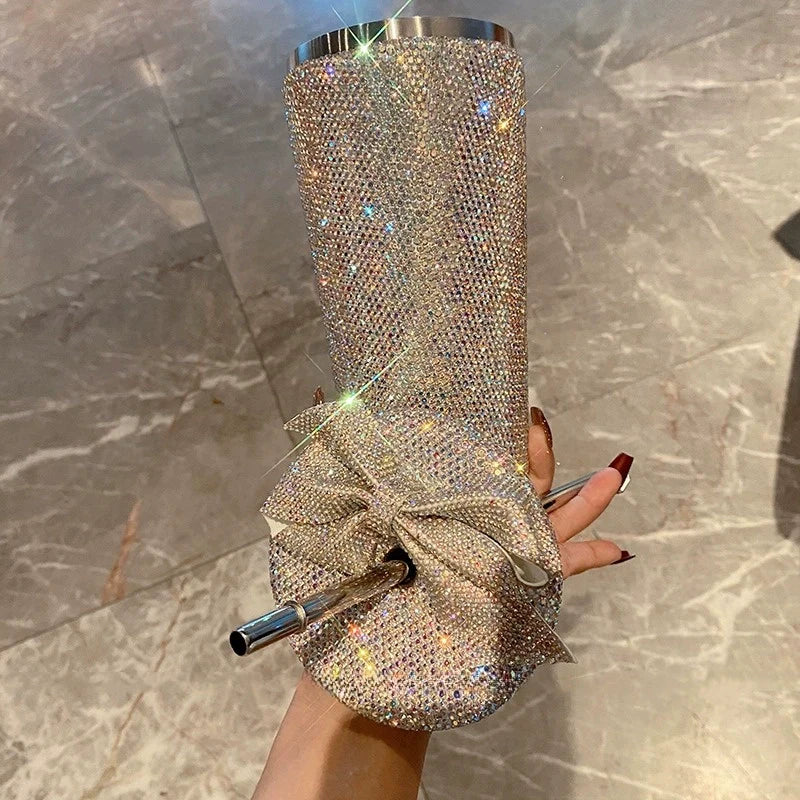 Large Bow Diamond-Encrusted Stainless Steel Straw Cup – Thermos for Cold Coffee & Water