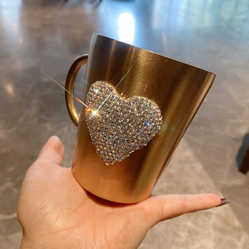 Diamond-Encrusted Stainless Steel Coffee Mug – Double-Layer Insulated Anti-Scald Water Cup