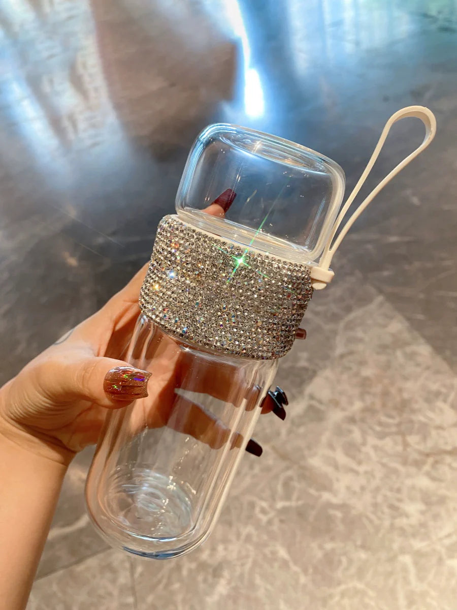 Diamond-Encrusted Double-Wall Glass Tea Cup – High-Temperature Resistant with Tea & Water Separation