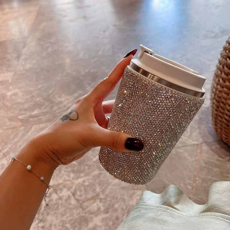 Diamond-Encrusted Stainless Steel Thermos Cup – Large-Capacity Portable Water Bottle for Car & Travel