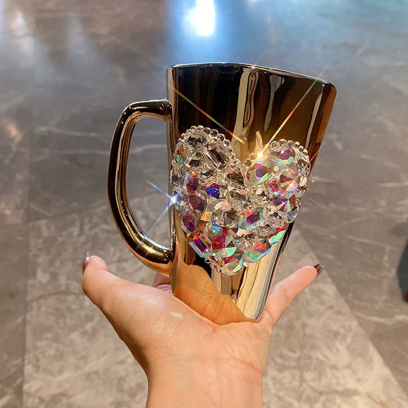 Diamond Heart-Shaped Glass Mug – Electroplated Coffee Cup, Tea Cup, Cute Gift Mug, Beverage Cup