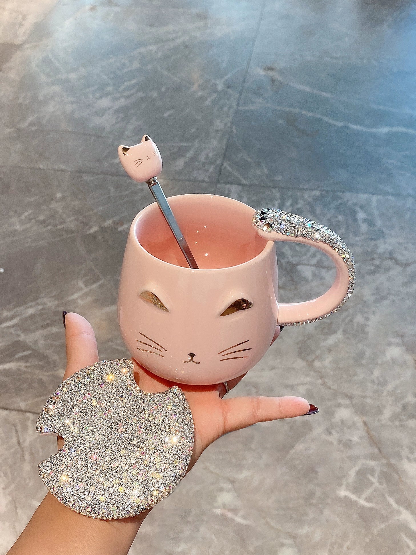 Celebrity Luxury Cat Mug – Diamond-Encrusted Girly Heart Water Cup with Lid and Spoon