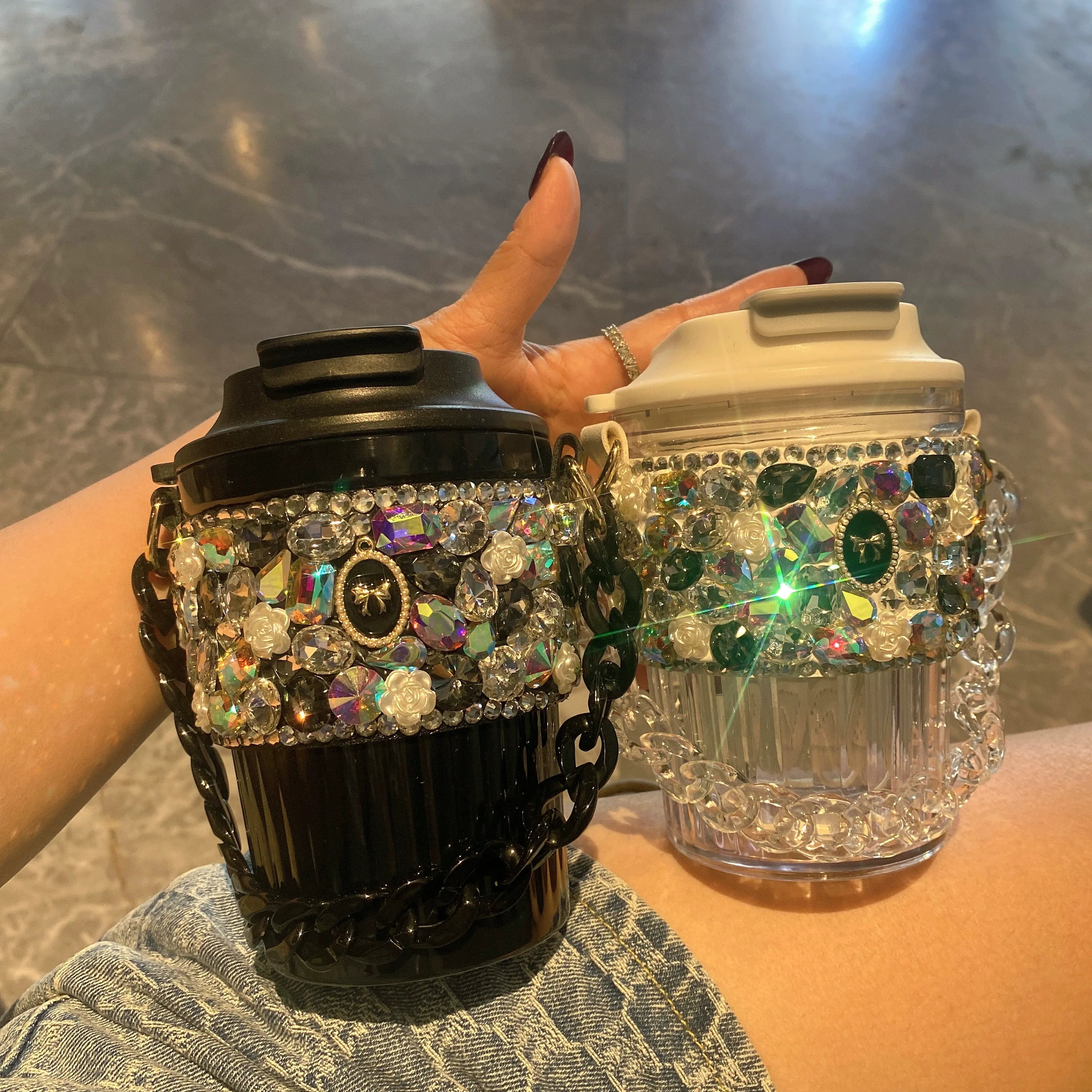 Diamond Flower Chain Coffee & Water Cup – Stylish Handheld Cup for Women