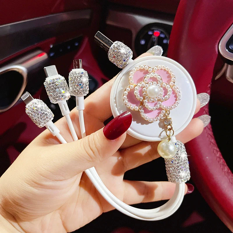 Multi-Function Car Fast Charger with 1-3 Retractable Camellia Diamond Data Cables