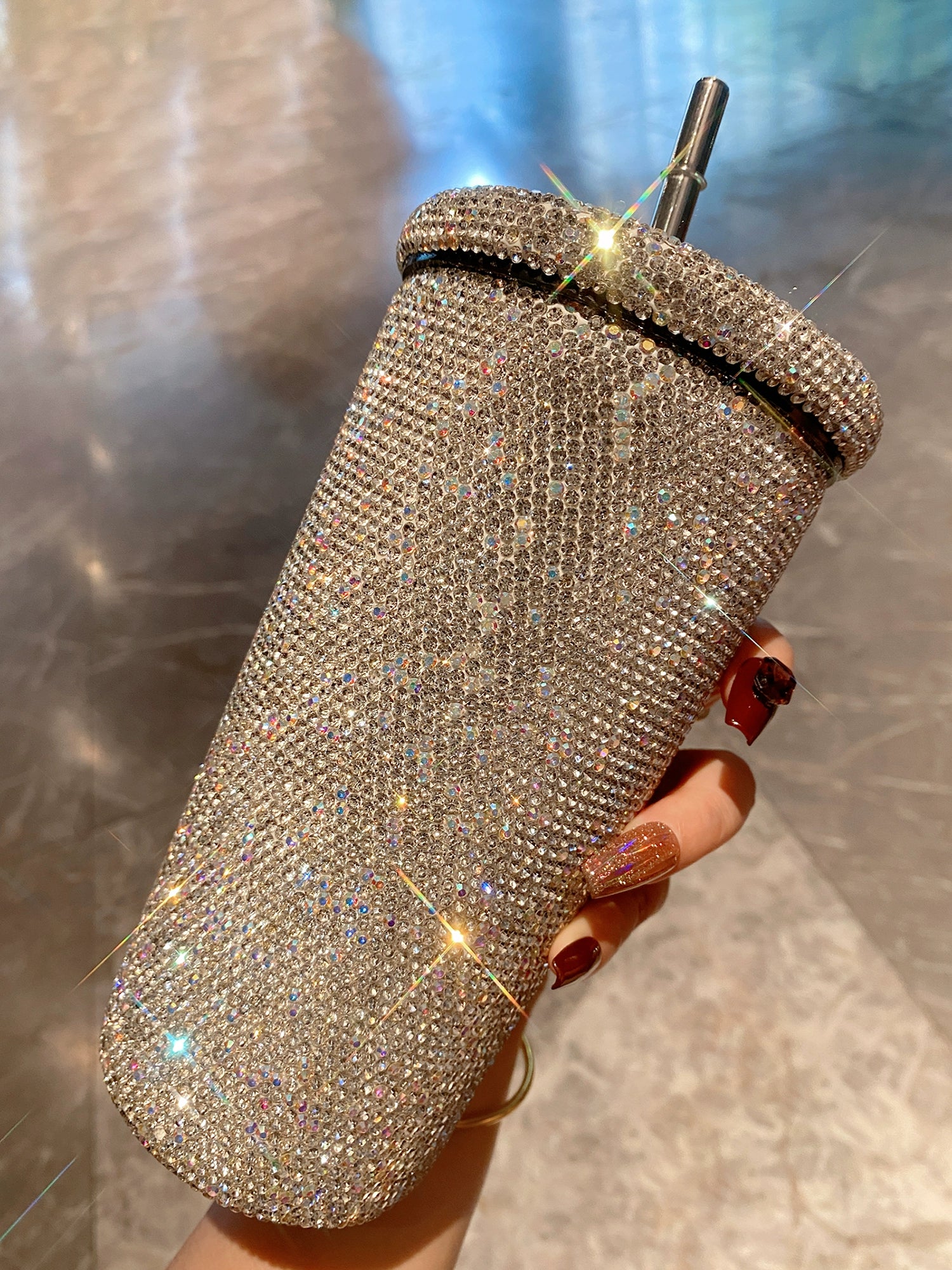 Diamond-Encrusted Stainless Steel Coffee Tumbler – Portable Thermos with Straw for Women