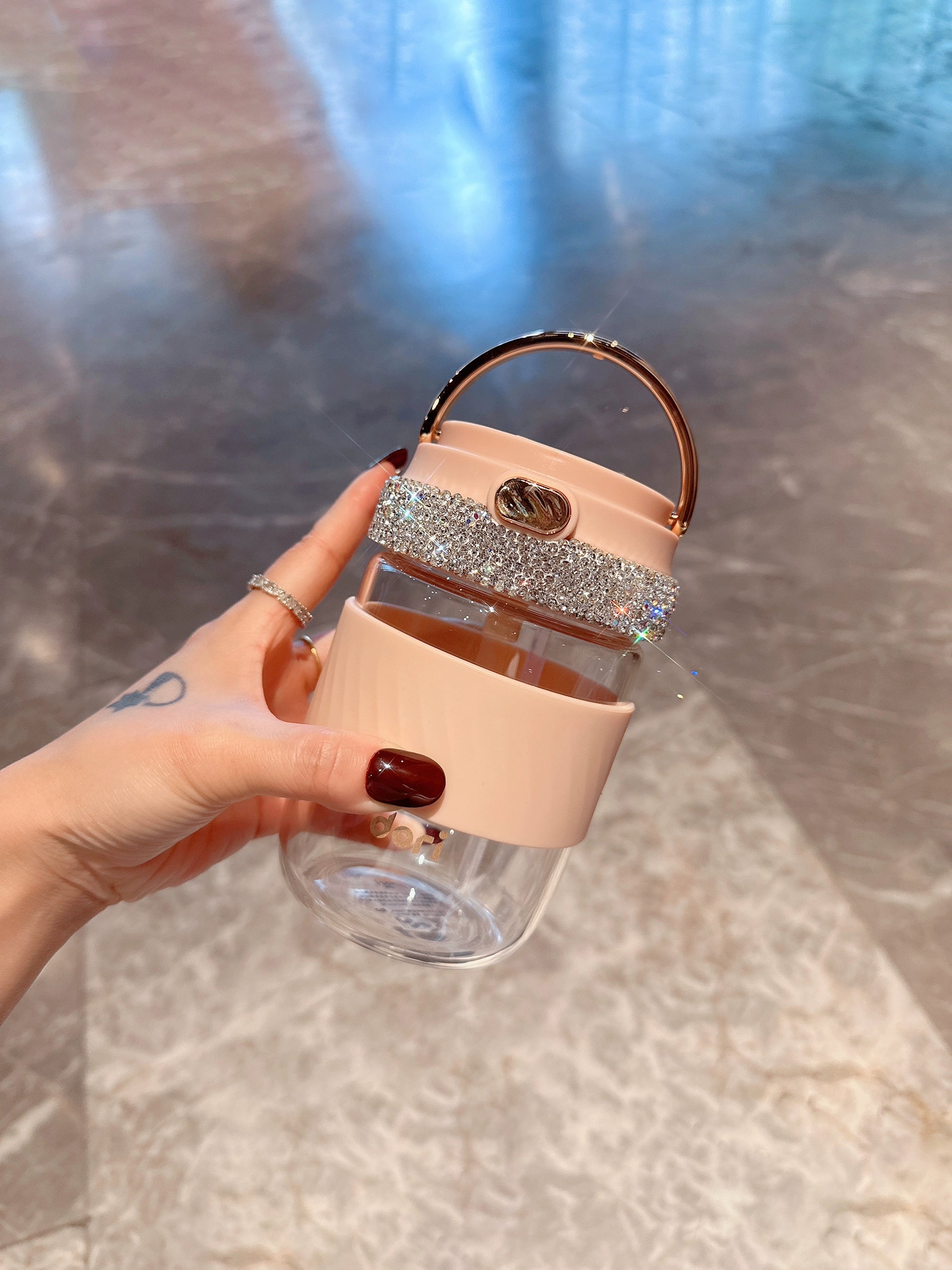 Diamond-Encrusted Double-Straw Glass Tumbler – Large Capacity Coffee & Water Cup for Home & Office