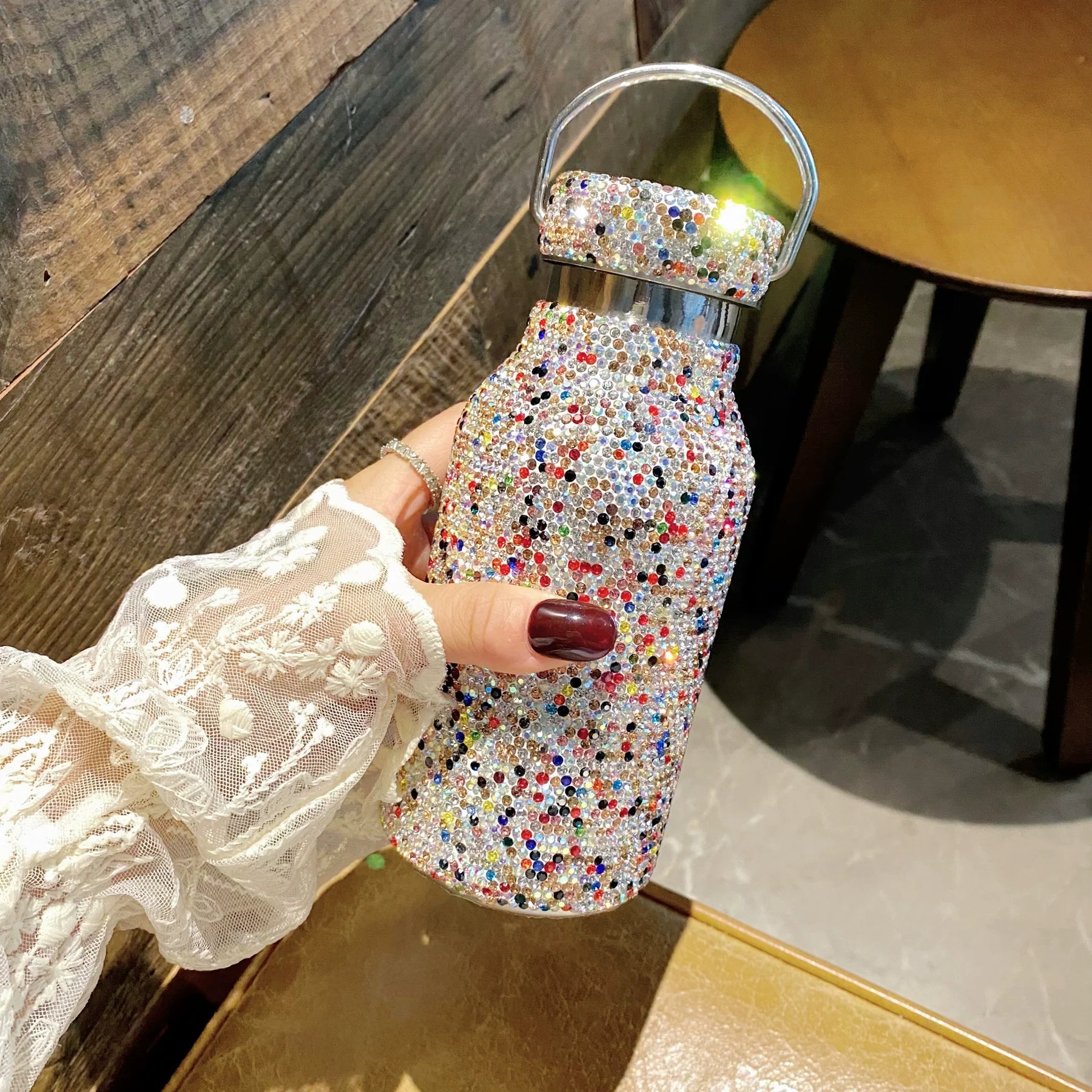 Luxury Diamond-Encrusted Stainless Steel Thermos – Large Capacity Portable Hand Cup