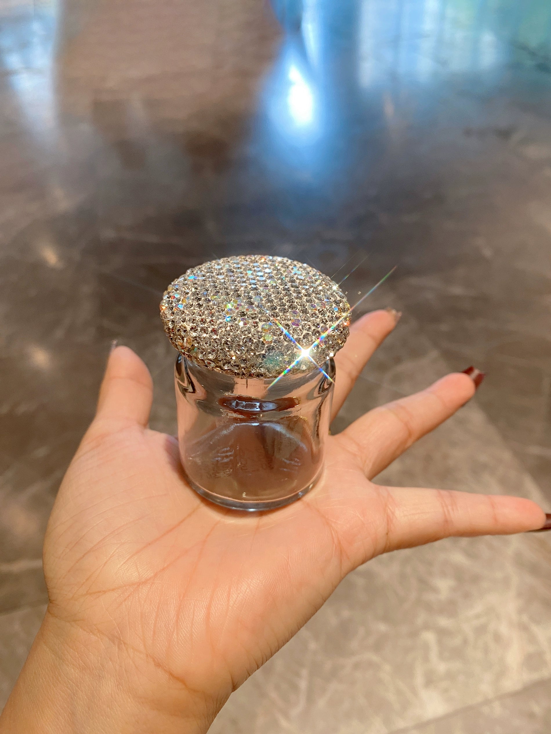 Diamond-Encrusted Mini Glass Storage Jar – Portable Golden Beans & Small Items Organizer