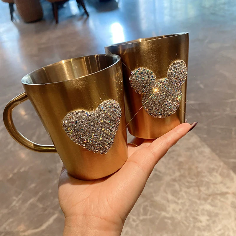 Diamond-Encrusted Stainless Steel Coffee Mug – Double-Layer Insulated Anti-Scald Water Cup