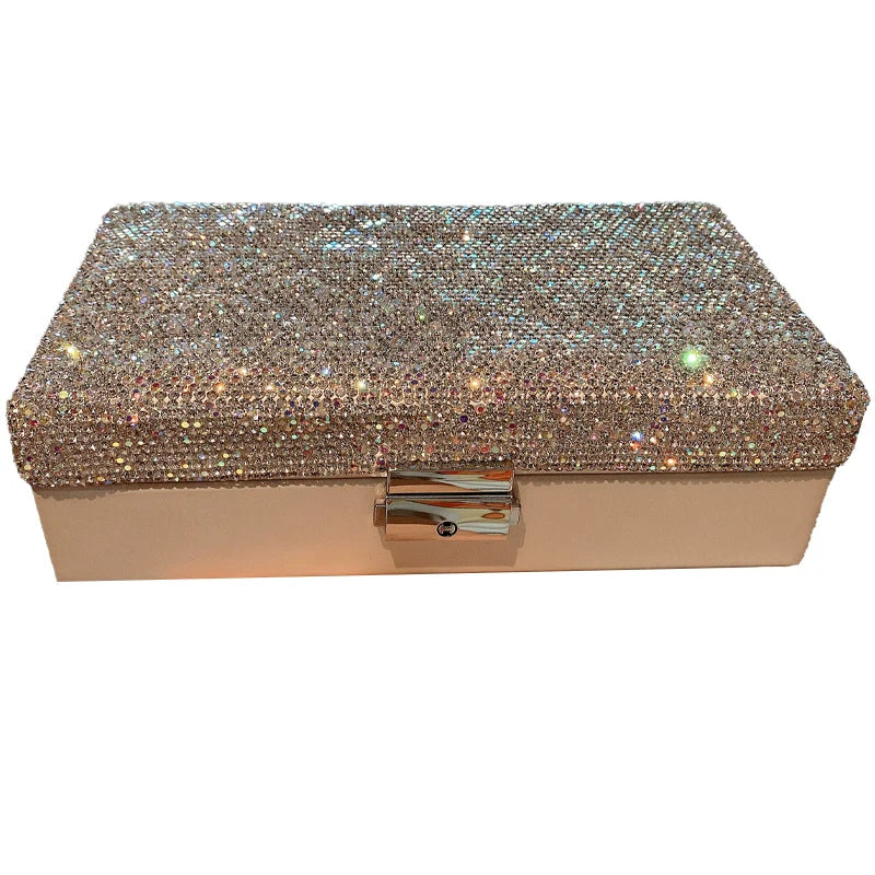 Large-Capacity Luxury Diamond Jewelry Box with Lock – Necklace, Ring & Bracelet Storage Case