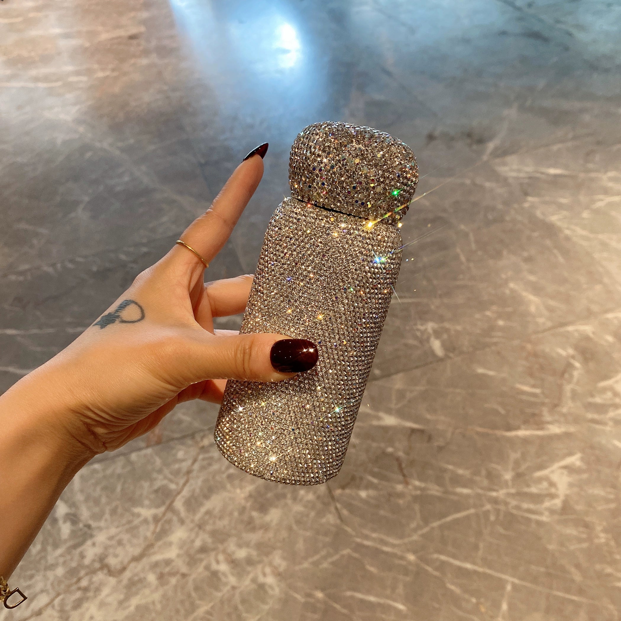 Mini Diamond-Encrusted Stainless Steel Thermos Cup – Portable Water Bottle for Travel & Car