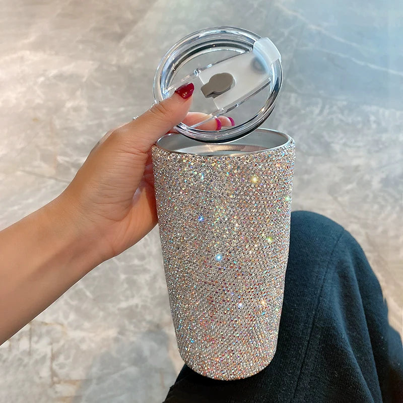 Luxury Diamond-Encrusted Tumbler with Lid – High-End Large-Capacity Water Cup for Home