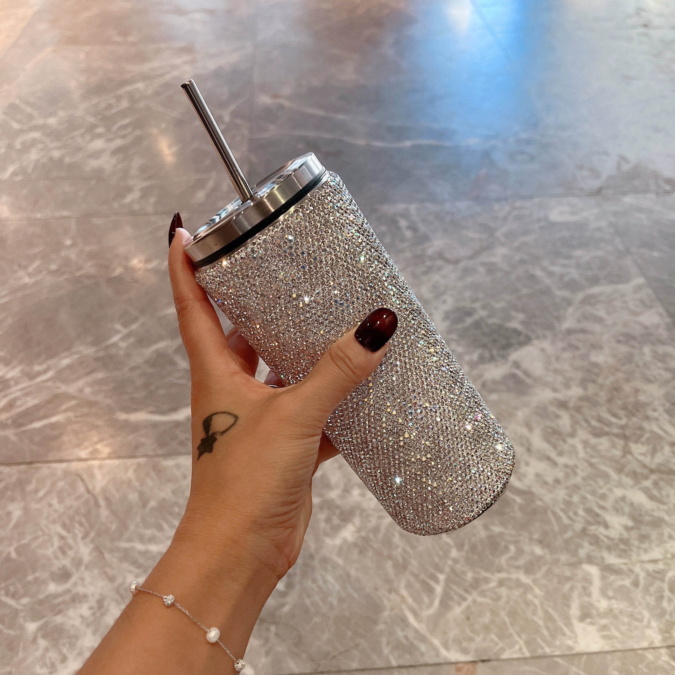 Diamond-Encrusted Stainless Steel Thermos Cup – Large-Capacity Portable Water Bottle with Straw for Car & Travel