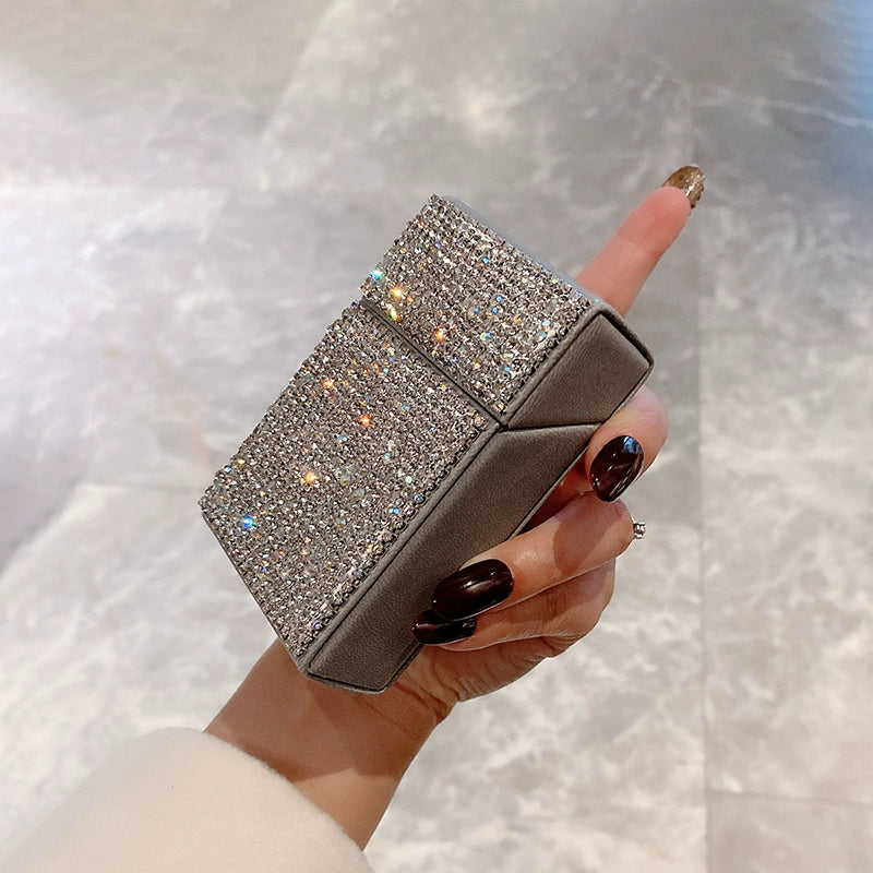 Diamond-Encrusted PU Leather Cigarette Case – Flip-Top Box for Regular & Slim Cigarettes with 20-Pack Lighter Set