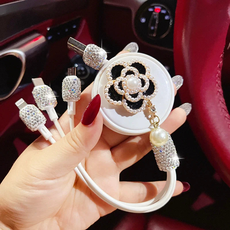 Multi-Function Car Fast Charger with 1-3 Retractable Camellia Diamond Data Cables