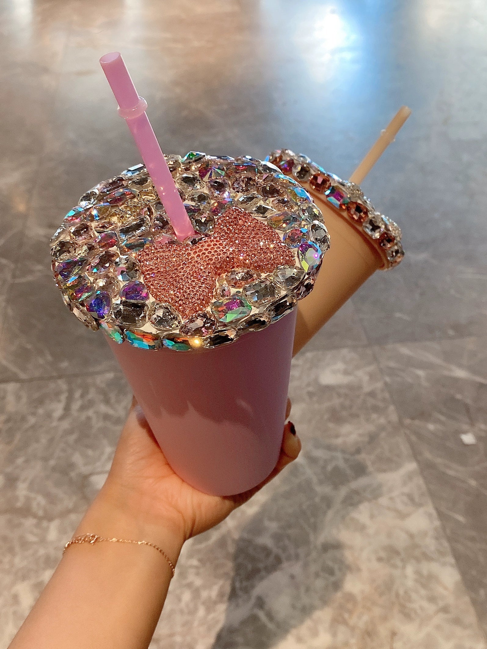 Pink Girly Heart Diamond-Encrusted Water & Straw Cup – Luxury Large-Capacity Portable Tumbler