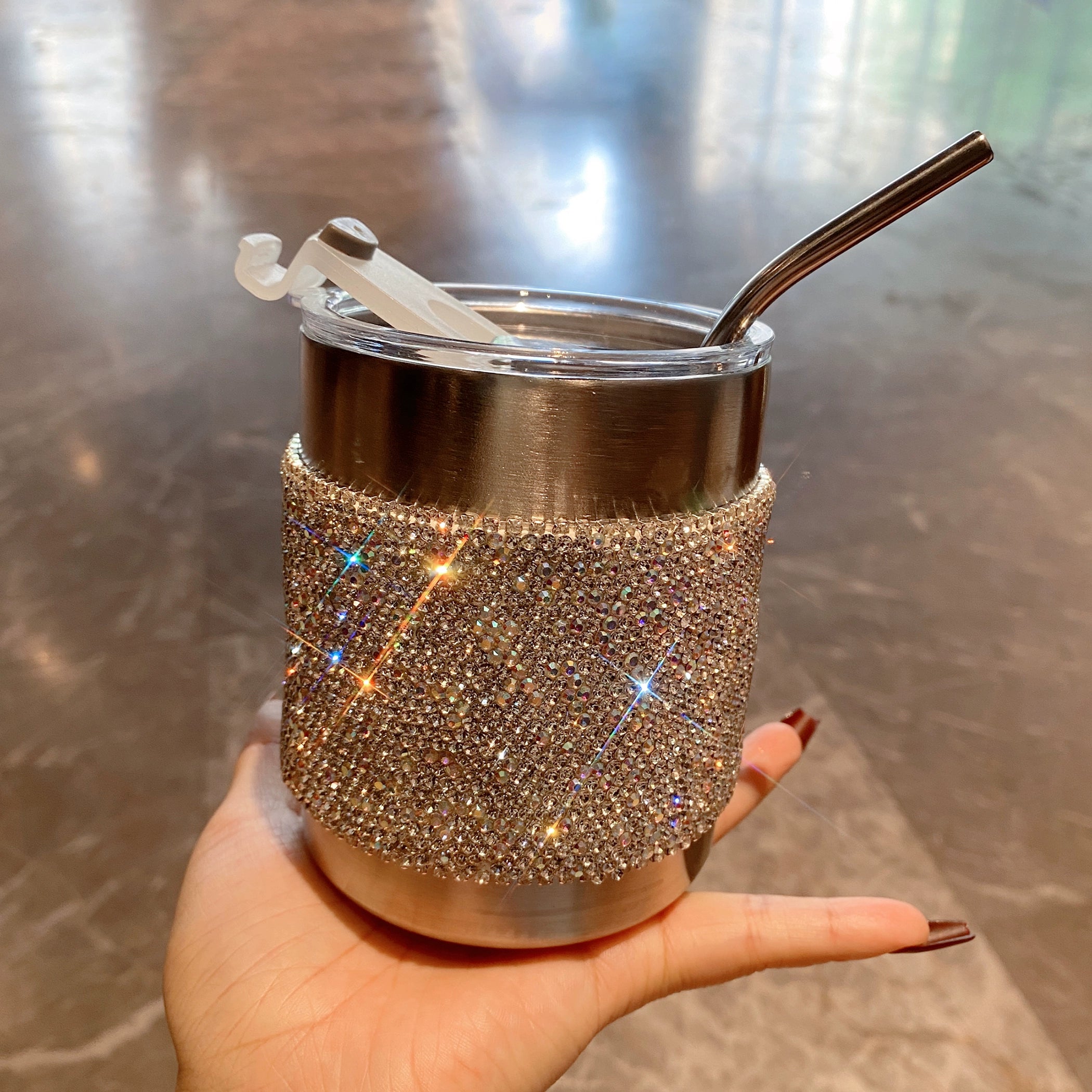 Diamond-Encrusted Stainless Steel Coffee Cup – Portable Straw Cup for Home & Office