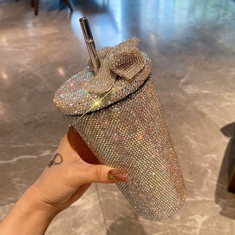 Large Bow Diamond-Encrusted Stainless Steel Straw Cup – Thermos for Cold Coffee & Water