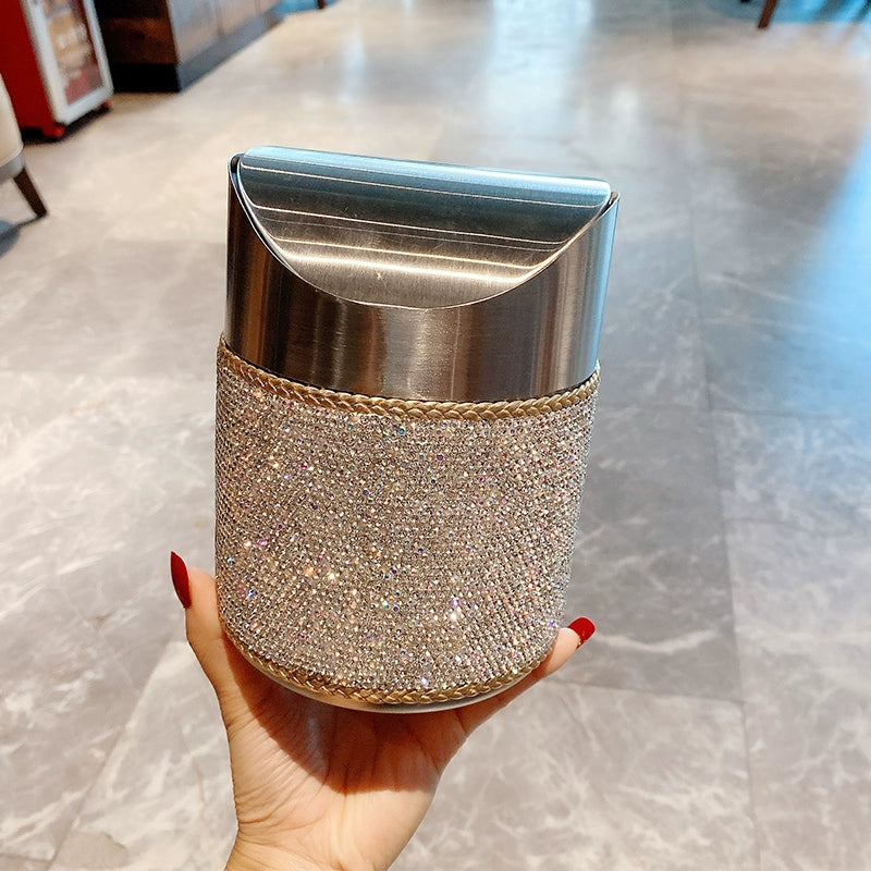 Sparkly Diamond Desktop Trash Can – Mini Swing Lid Storage Bucket for Home, Office & Car