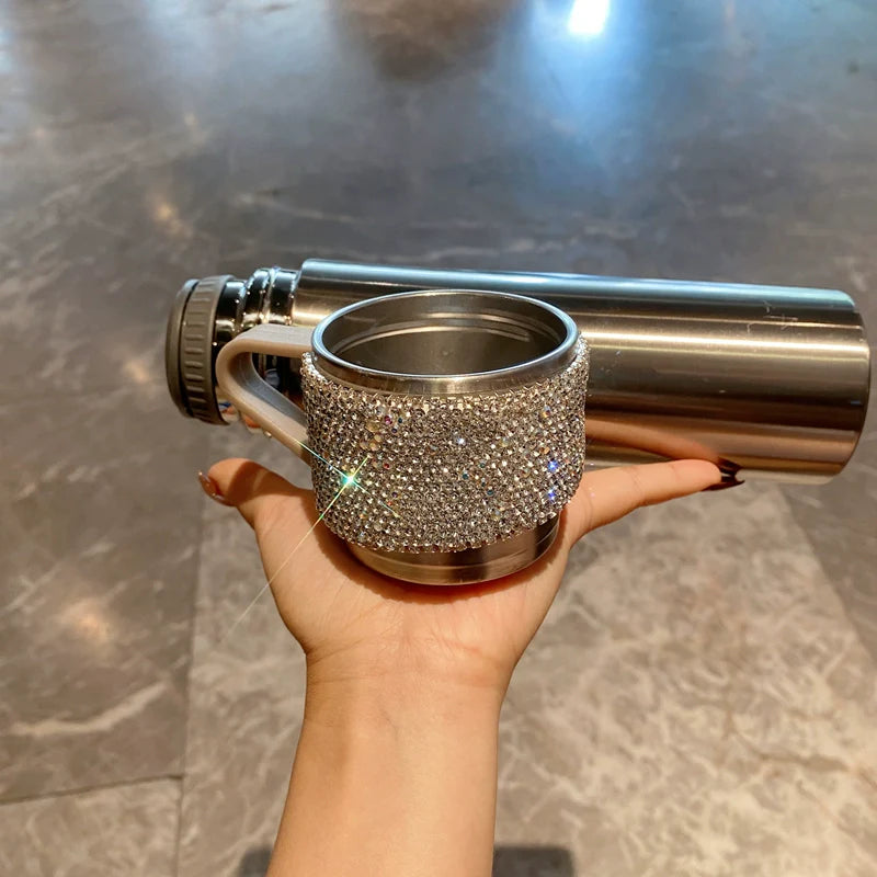 Stylish Diamond-Encrusted Water Tumbler with Lid – Large-Capacity Stainless Steel Thermos Cup