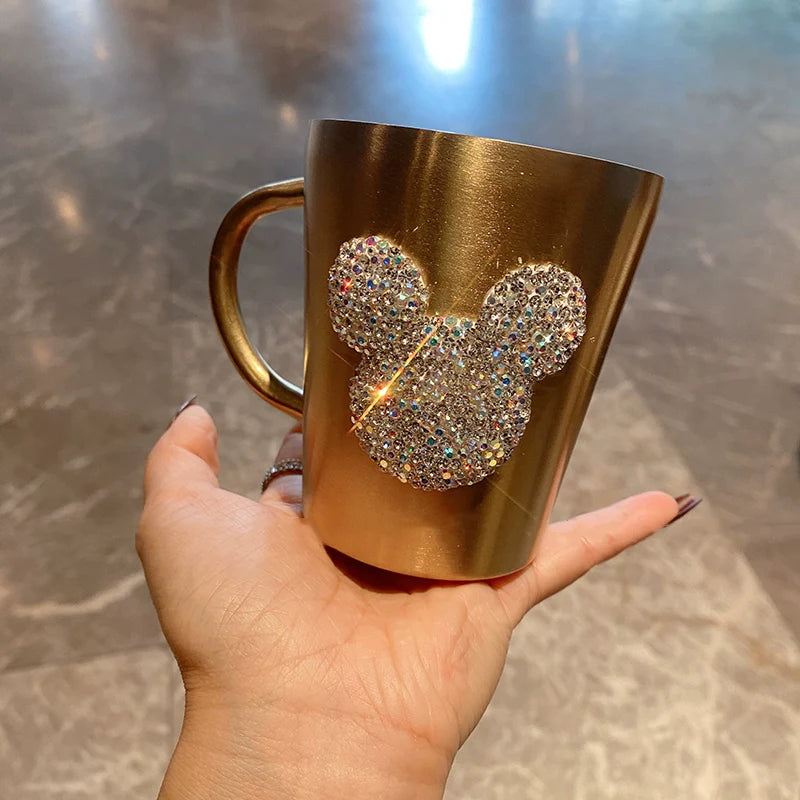 Diamond-Encrusted Stainless Steel Coffee Mug – Double-Layer Insulated Anti-Scald Water Cup