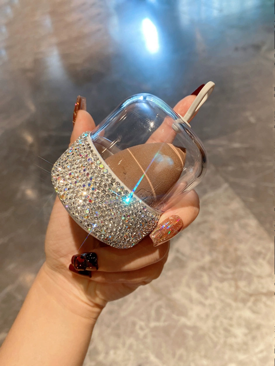Diamond-Encrusted Mini Makeup Sponge Storage Box – Portable Dust-Proof Case with Soft Makeup Egg