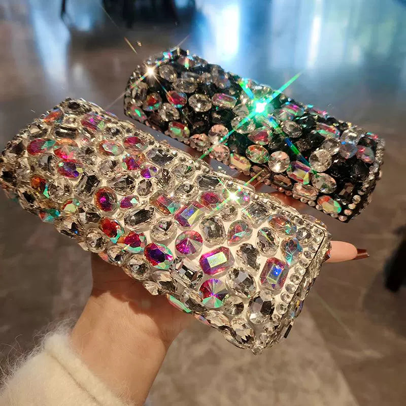 Diamond-Encrusted Portable Glasses Case – Black & White Leather, Shockproof & Drop-Resistant, Women’s Eyewear Storage Box