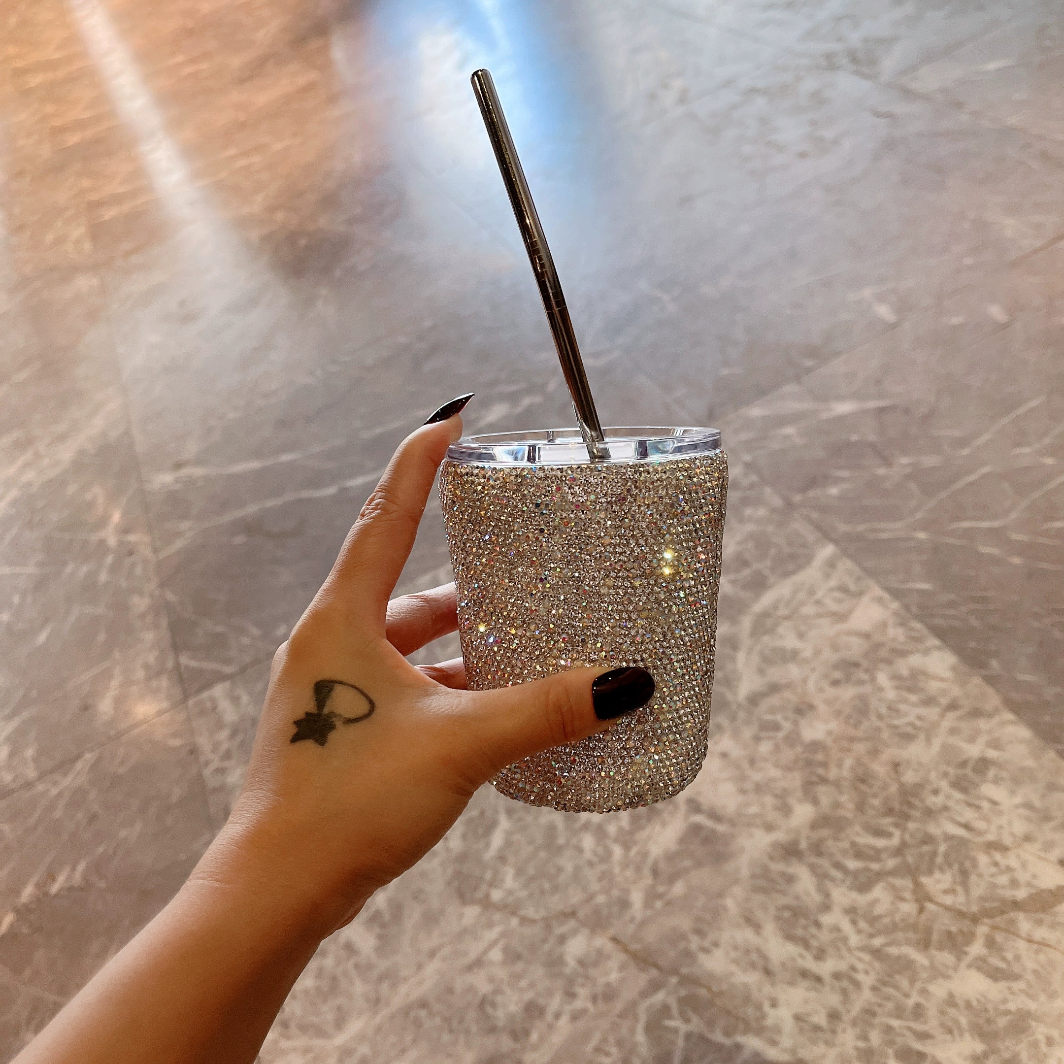 Diamond-Encrusted Straw Thermos Cup – Portable Water Bottle for Home, Office & School