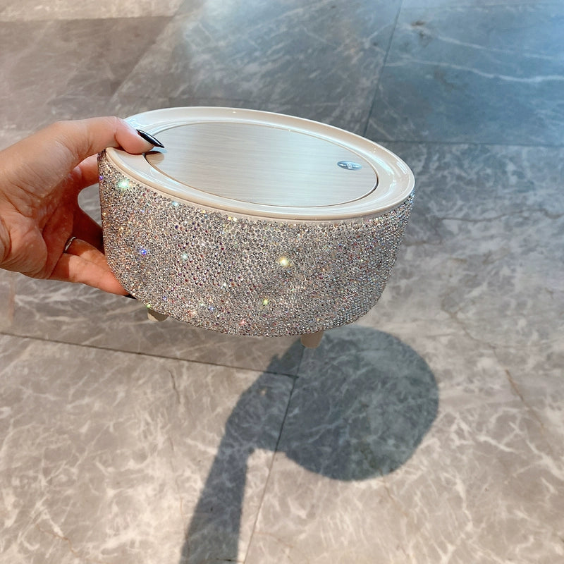 Diamond-Encrusted Desktop Trash Can – Push-Type Lid Storage Bucket for Home & Office