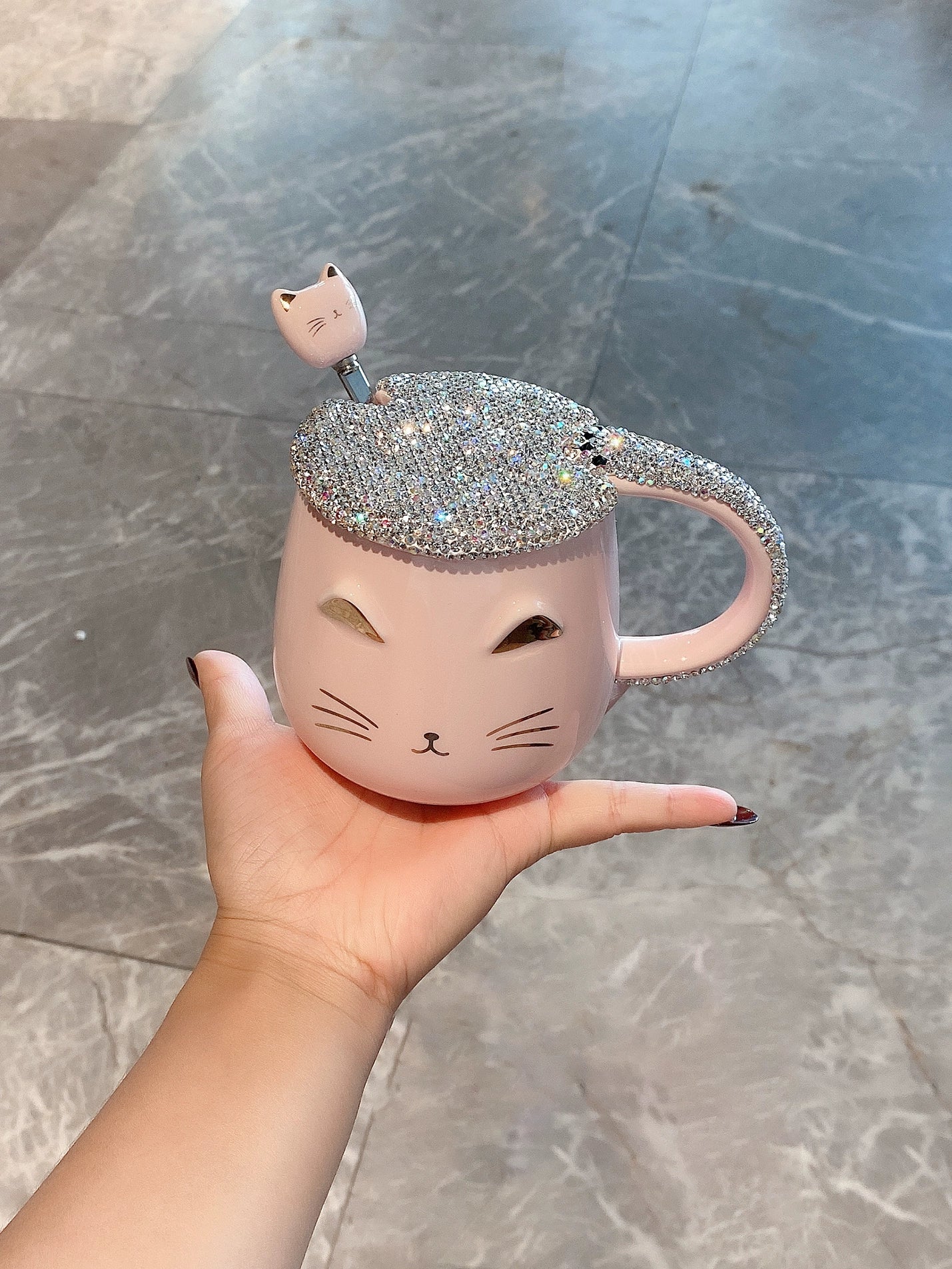 Celebrity Luxury Cat Mug – Diamond-Encrusted Girly Heart Water Cup with Lid and Spoon