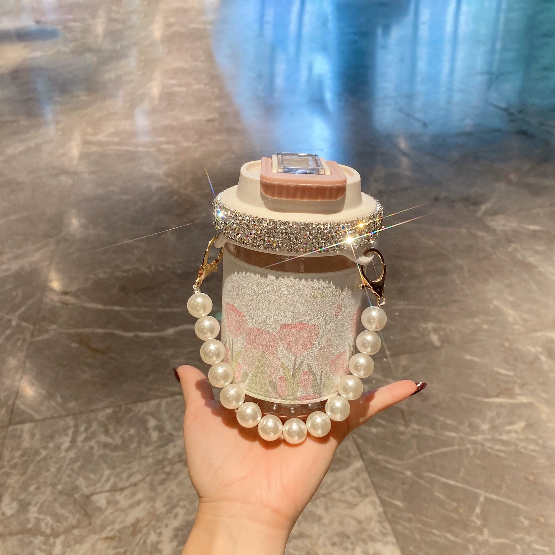 High-End Pearl Diamond-Encrusted Glass Cup – Large-Capacity Double-Straw Portable Water Tumbler