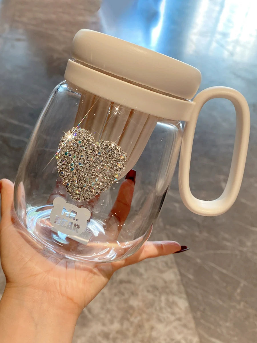 Diamond-Encrusted Big Belly Glass Cup – Large Capacity Tea & Water Tumbler with Tea Infuser