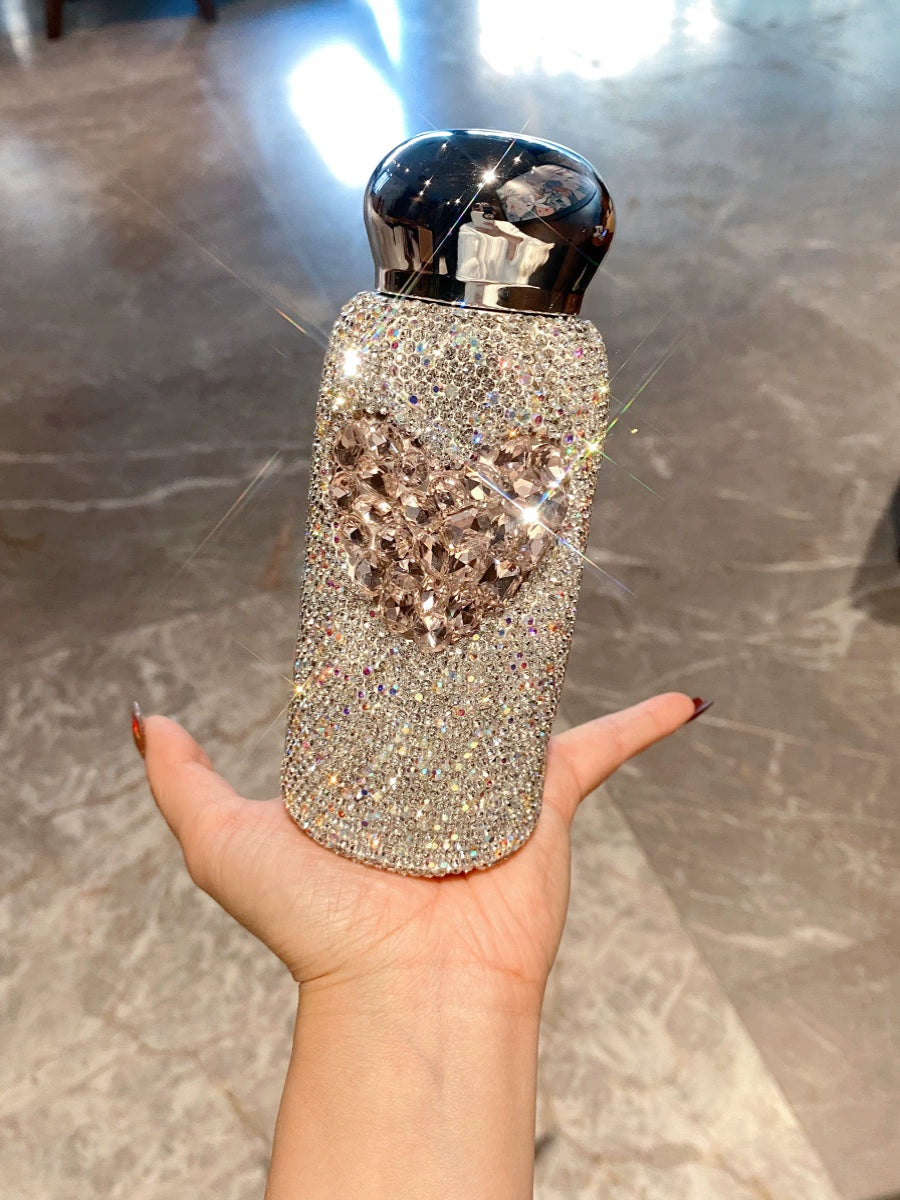 Diamond-Encrusted Love Stainless Steel Thermos Cup – Portable Car Water Bottle for Women