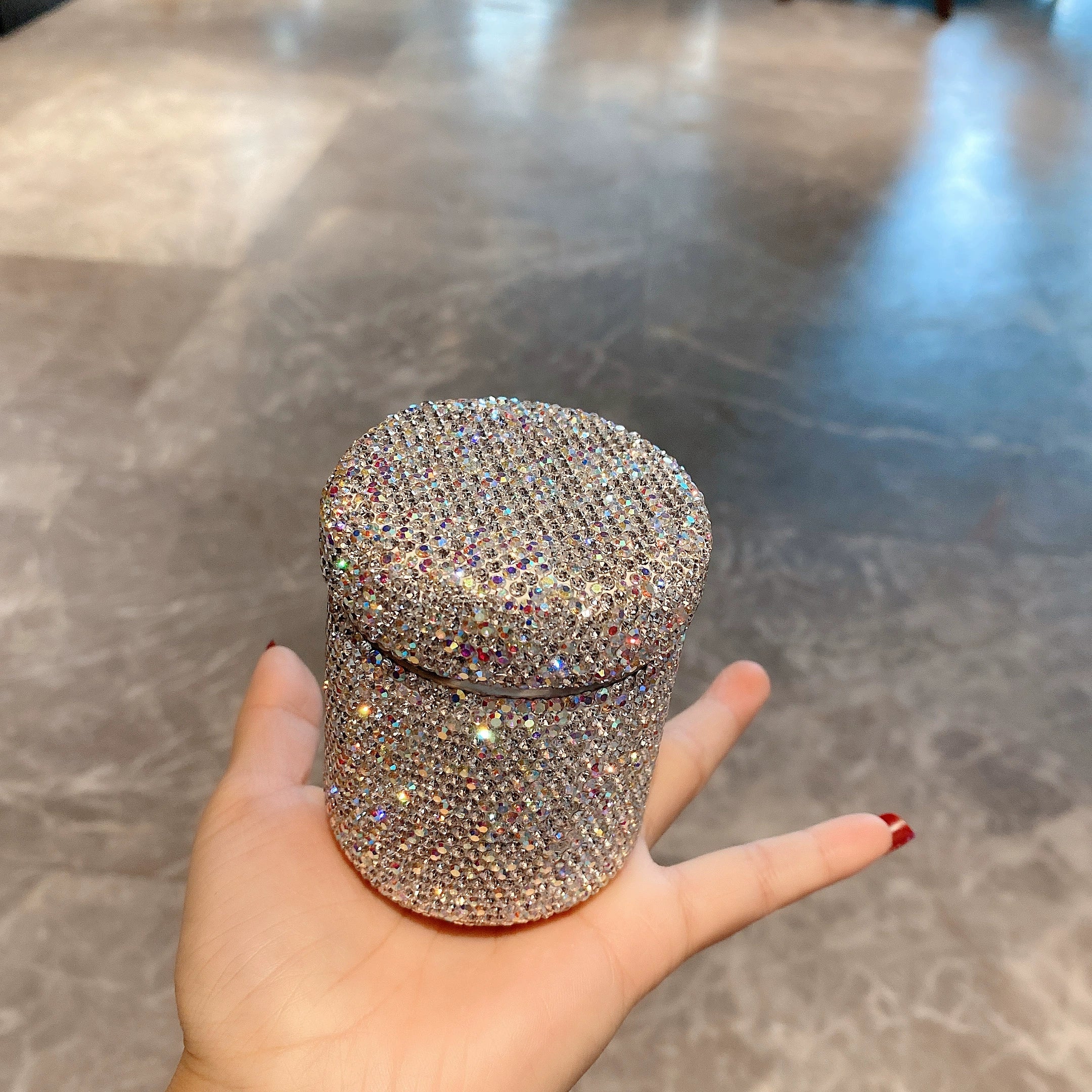 Diamond-Encrusted Crystal Toothpick & Cotton Swab Holder – Round Stainless Steel Storage Box for Home & Restaurant