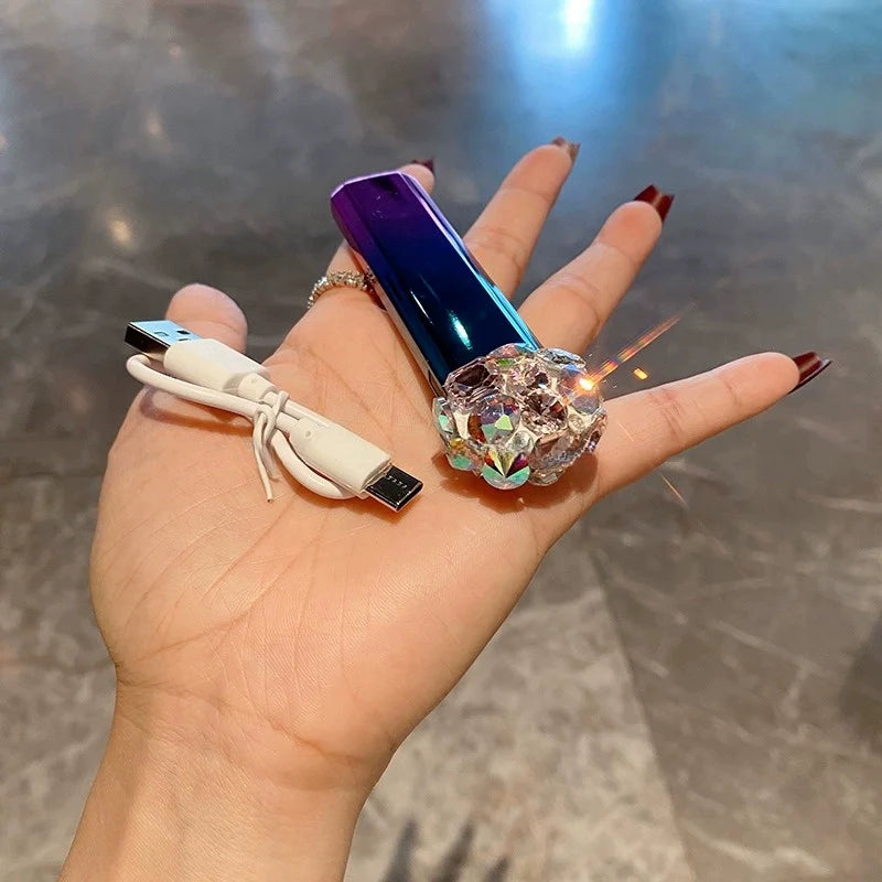 Diamond-Encrusted Mini Rechargeable Lighter – Lightweight, Colorful, Portable & Windproof Flip-Top Design