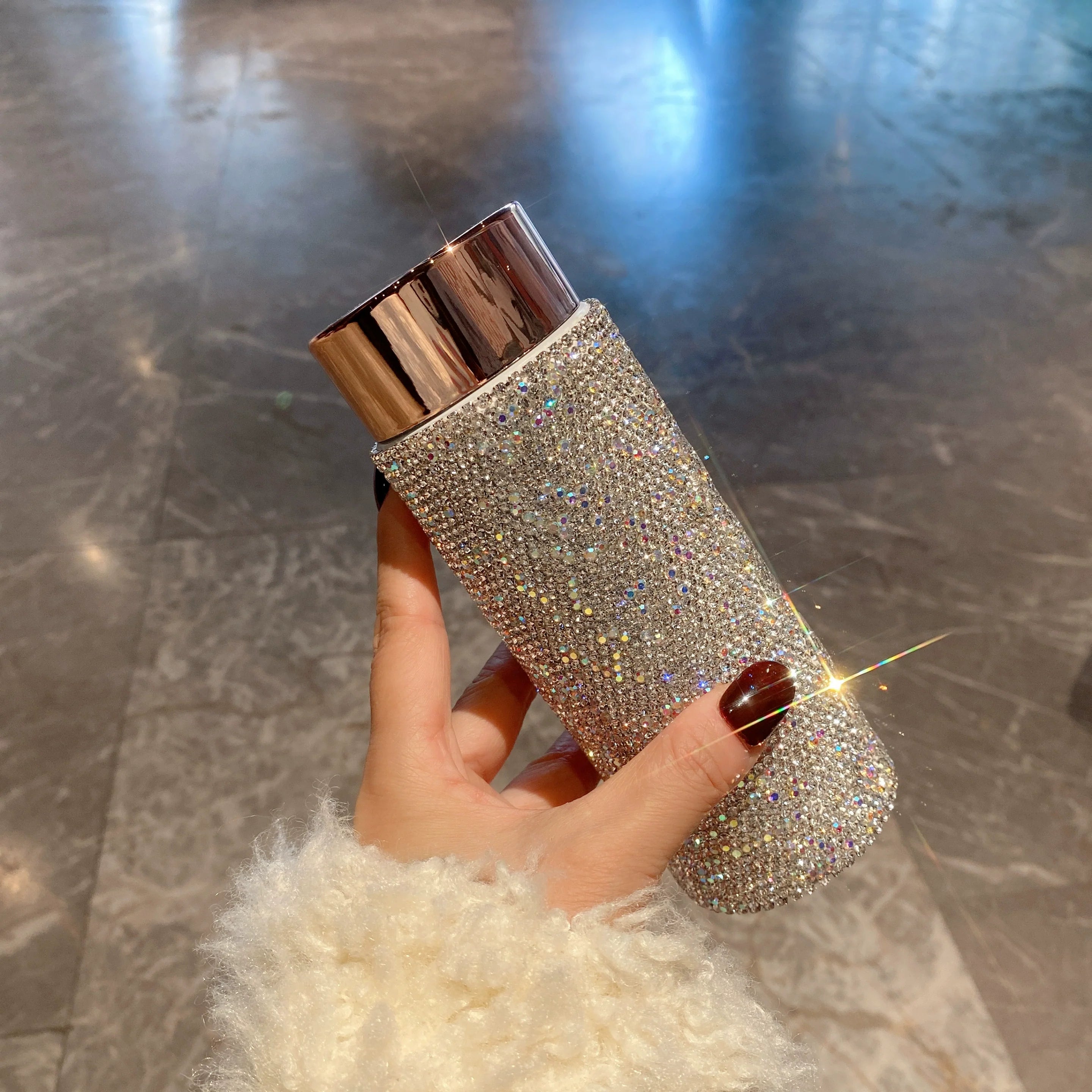 Mini Diamond-Encrusted Thermos Cup – Stainless Steel & Glass Water Bottle for Women