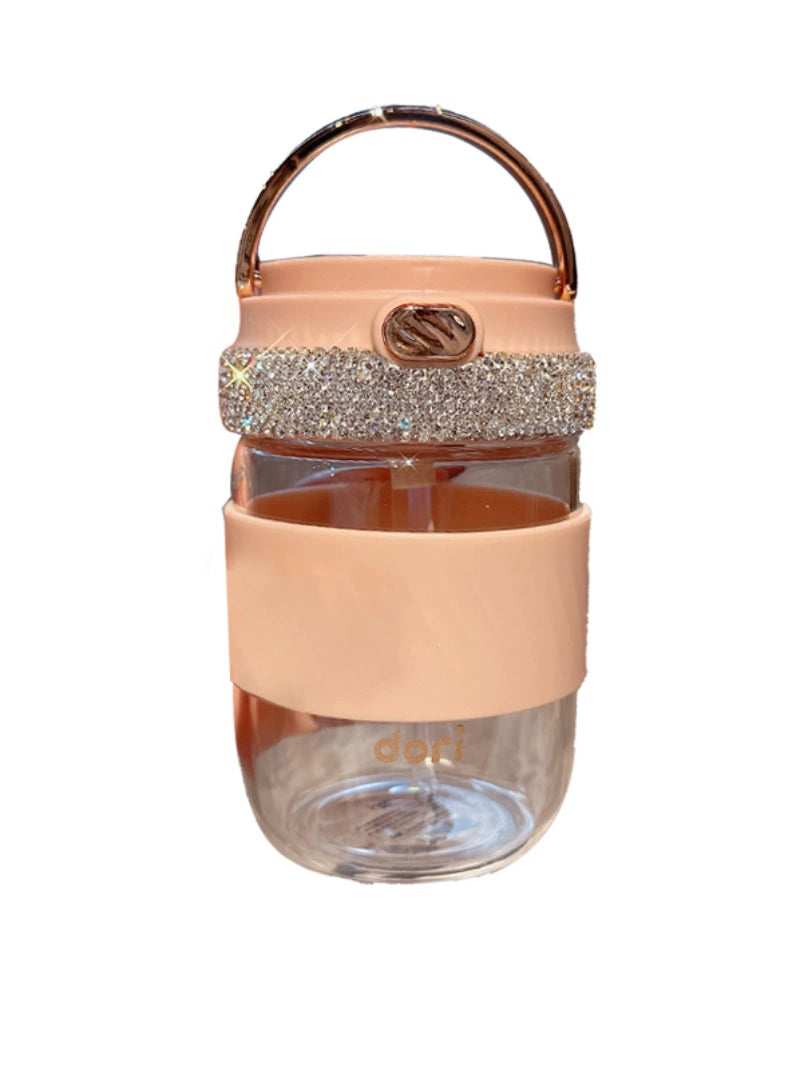 Diamond-Encrusted Double-Straw Glass Tumbler – Large Capacity Coffee & Water Cup for Home & Office