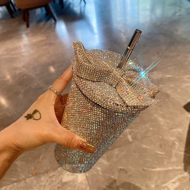 Large Bow Diamond-Encrusted Stainless Steel Straw Cup – Thermos for Cold Coffee & Water