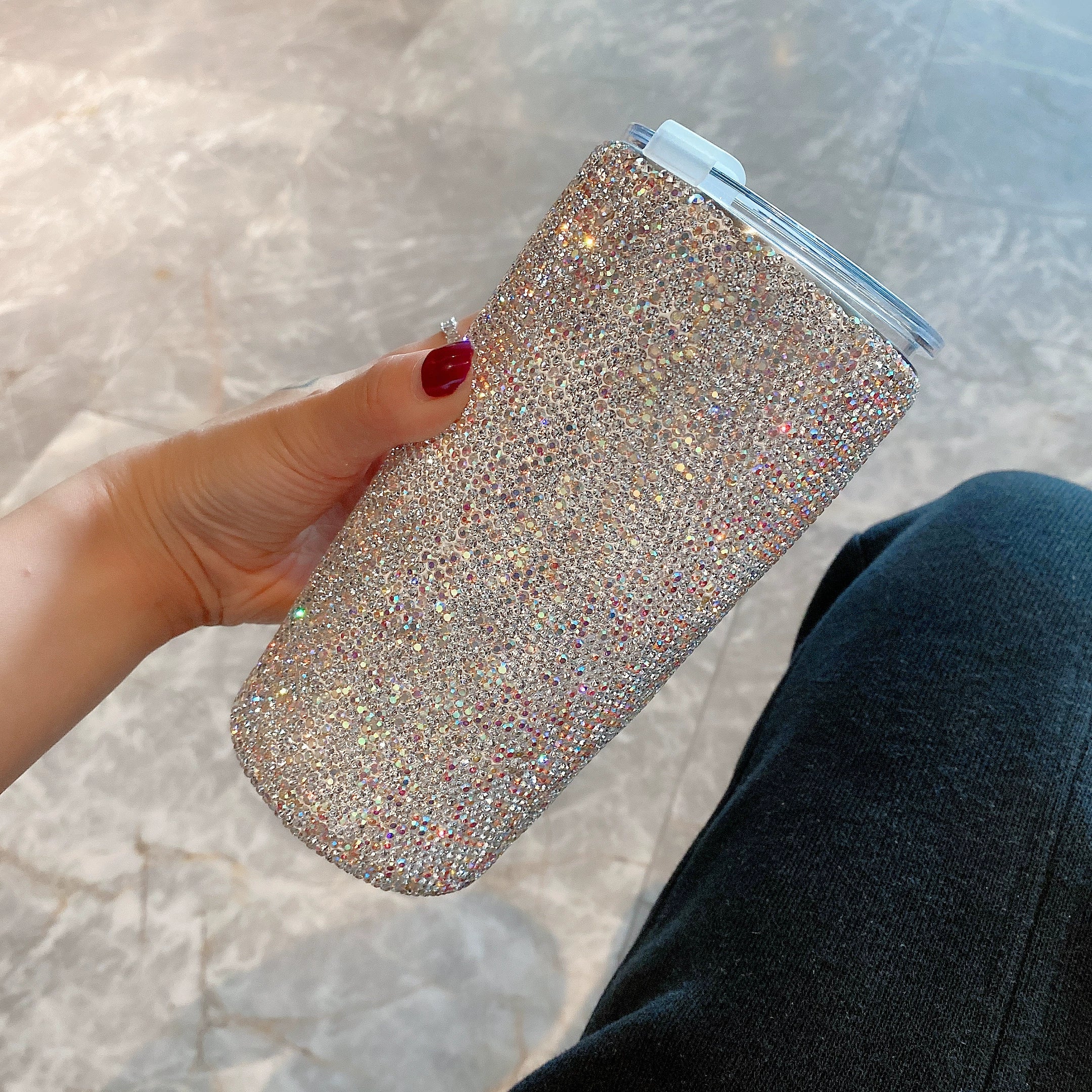 Diamond-Encrusted Glass Straw Cup with Lid – Large-Capacity Water Bottle for Home & Office