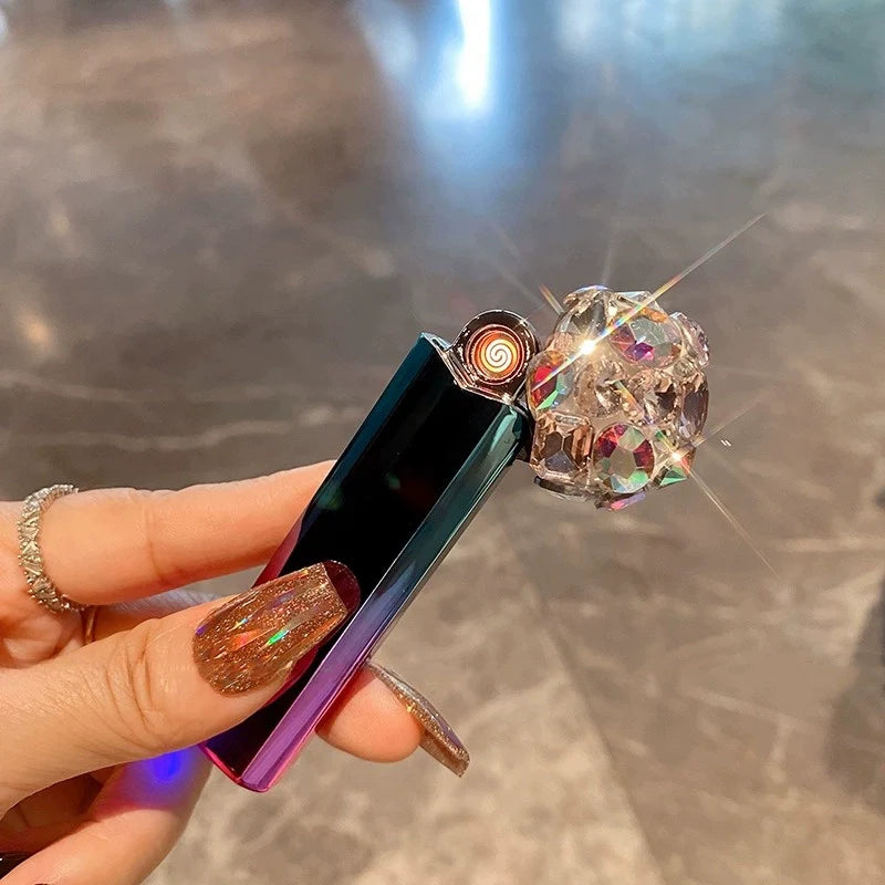 Diamond-Encrusted Mini Rechargeable Lighter – Lightweight, Colorful, Portable & Windproof Flip-Top Design