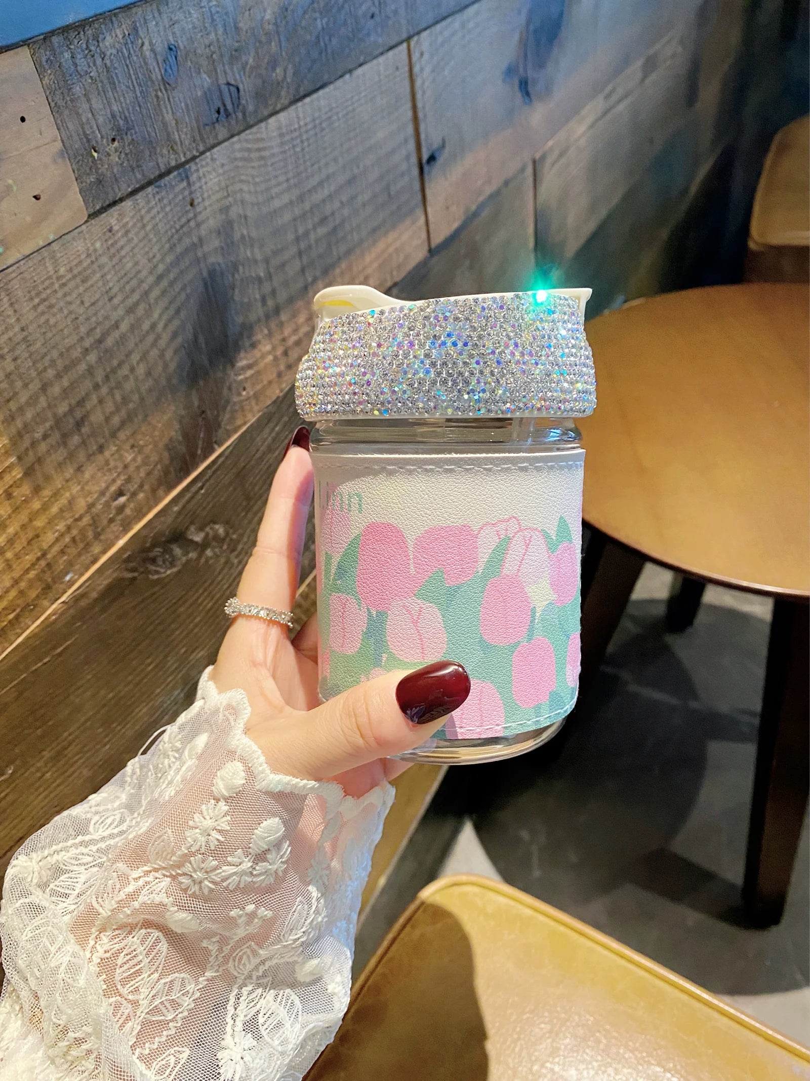 Portable Double-Wall Glass Cup – Diamond Coffee & Water Mug with Straw